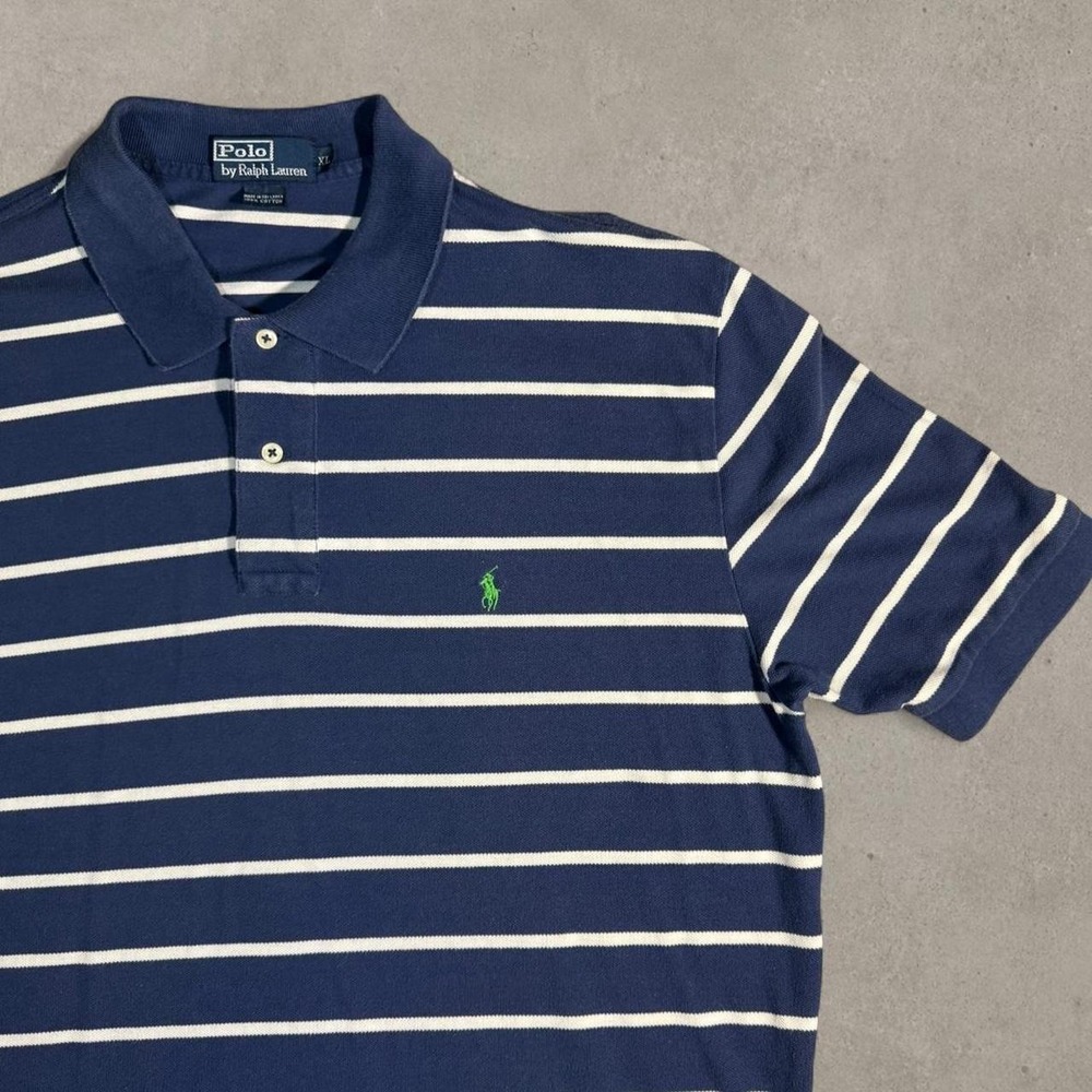Polo Ralph Lauren Mens XL Navy Blue White Striped Cotton Polo Shirt Green Pony